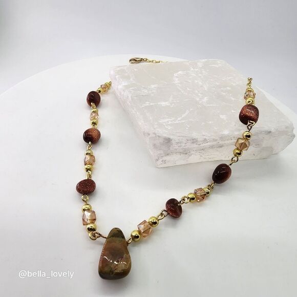 Sparkling Handmade Orange Green Ocean Jasper and Goldstone Necklace - Picture 8 of 10